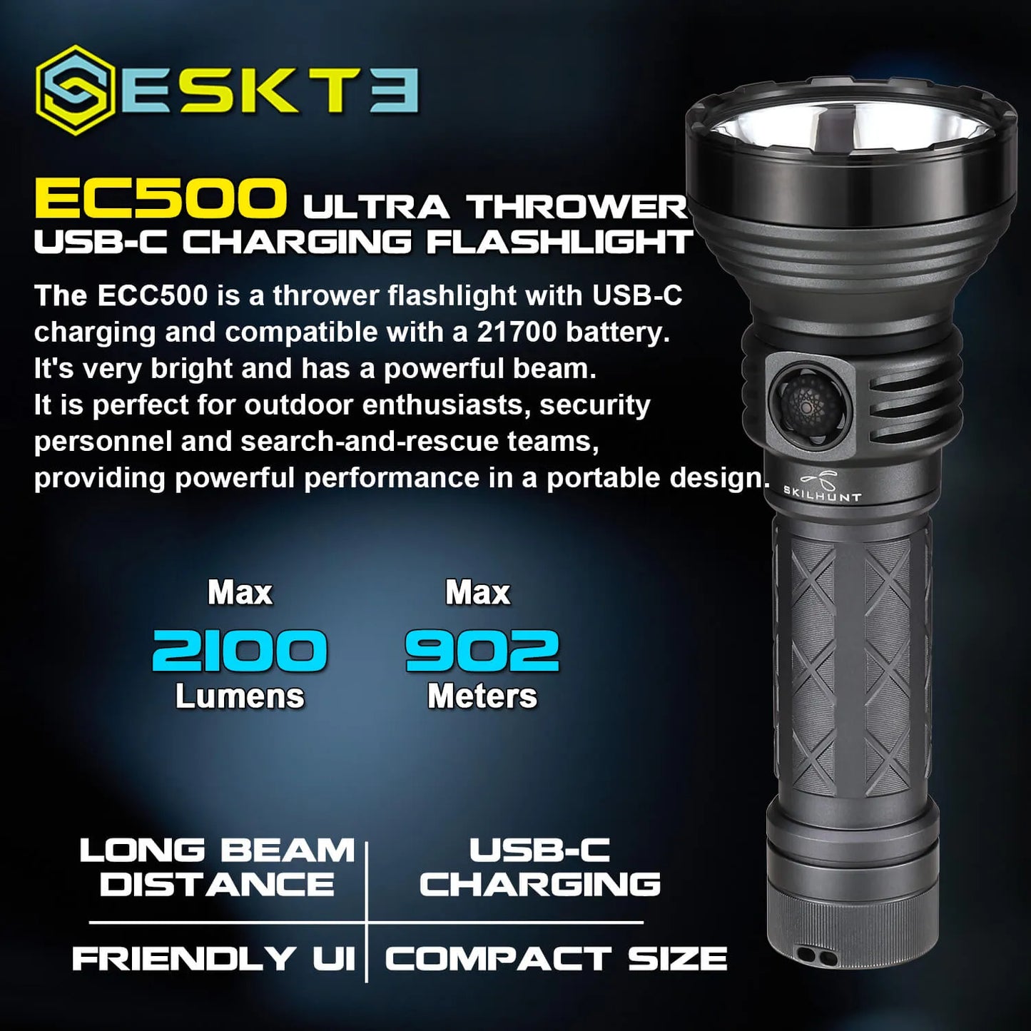 EC500 - 2100 Lumens 21700 - USB-C Rechargeable - Long-Range Flashlight - Luminus SFT-40 Cool White 6500K